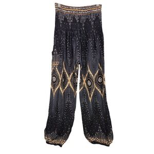 Harem Pants Black Gold Medallion Peacock Print Smocked Waist Boho Yoga Thai S/M